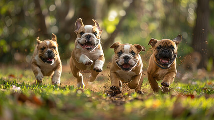 Four bulldogs running in the field