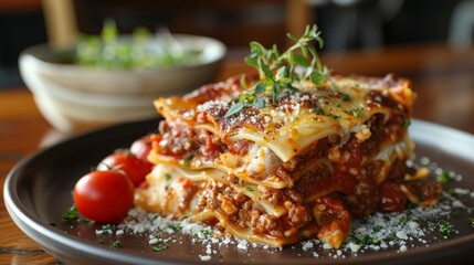 A close-up of a mouth-watering lasagna garnished with fresh cherry tomatoes and herbs, showcasing a delicious Italian dish.