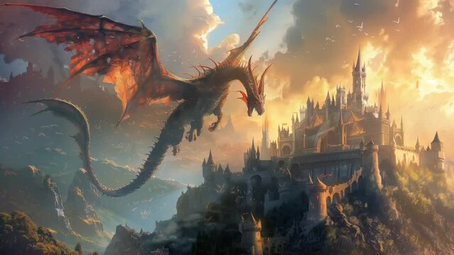 Wyvern in the sky with a castle background, medieval fantasy. Looping time-lapse video.