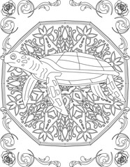 Sea Turtle on Mandala Coloring Page. Printable Coloring Worksheet for Adults and Kids. Educational Resources for School and Preschool. Mandala Coloring for Adults