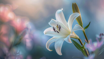 Elegant White Lily in Soft Focus Background, This prompt suggests capturing a white lily in soft focus against a blurred background