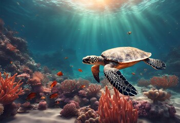 Obraz premium Photo realistic image of a turtle under water. Coral reef and annemone fish. Sunset., Mysterious
