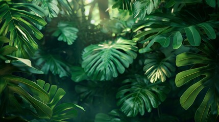 Lush tropical monstera leaves in dense green foliage during daylight.