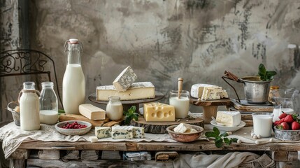 Rustic milk and cheese assortment on a wooden table, perfect for World Milk Day, dairy product promotion, and artisanal food advertising.