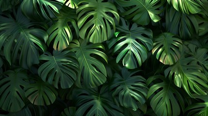 Lush tropical monstera leaves in dense green foliage during daylight.
