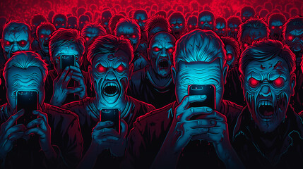 Zombie crowd with glowing eyes engrossed in smartphones, highlighting social media obsession and dystopian digital culture.