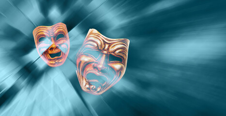 Comedy and Tragedy theatrical venetian mask isolated abstract green  background