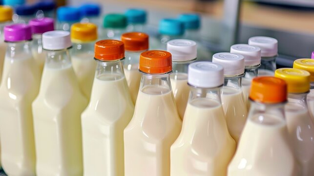 Assorted milk bottles on supermarket shelf, perfect for World Milk Day promotions, dairy product advertisements, and grocery marketing campaigns - Powered by Adobe