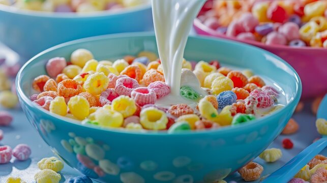 Bowl of colorful cereal with milk, perfect for World Milk Day, dairy product advertising, and promoting milk as a nutritious breakfast option.