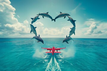 A dolphin is playing and jumping in the sea, so it causes a heart shape with water drop effects...