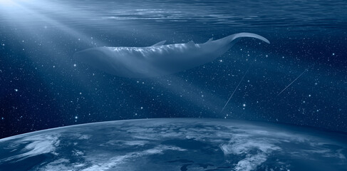 World oceans day concept with whale - Planet earth underwater with a beautiful outher space  