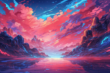 A Mountain background consists of neon red and neon blue colors that collide with each other - Powered by Adobe