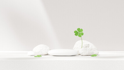 Background 3d rendering natural backdrop and leaf clover with bright lighting for showcasing cosmetic products in landscape
