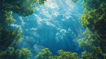 Obraz premium Lush green forests crown serene earth in vivid blue skies