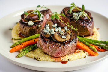 Elegant Beef Tenderloin Steaks with Blue Cheese Sauce and Fresh Oregano