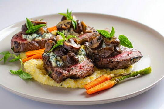 Exquisite Carpetbagger Steaks with Polenta and Roasted Vegetables