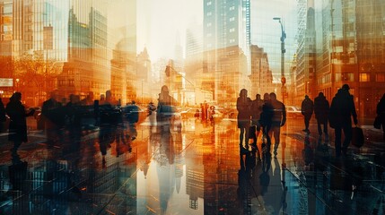 Obraz premium Skyscraper silhouettes merged with bustling city life in a business-themed double exposure
