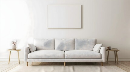 Modern living room interior design with sofa and soft pillows. Interior in minimalist style with empty space for product presentation or text for advertising