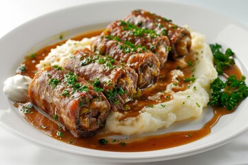Gourmet Beef Rouladen with Mashed Potatoes and Tangy Sour Cream