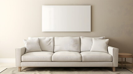 Naklejka premium Modern living room interior design with sofa and soft pillows. Interior in minimalist style with empty space for product presentation or text for advertising