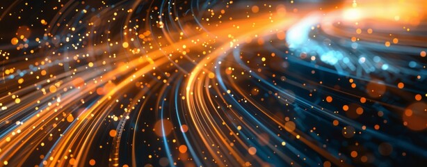 Fototapeta premium Abstract background with blue and orange light rays, futuristic digital design elements, and glowing dots on dark backdrop