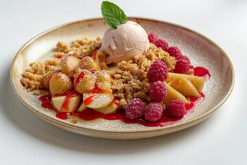 Elegant Fruit Crumble Dessert with Vanilla Ice Cream and Fresh Mint