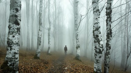 The image is a dark and foggy forest. The trees are tall and bare, and the ground is covered in leaves.