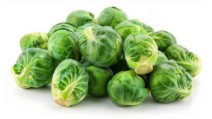 Fototapeta premium Brussel Sprouts isolated. Falling brussels sprouts isolated on white background. Fresh green brussel sprouts vegetable on white background. a pile of Brussels sprouts on a white background. Brussel.