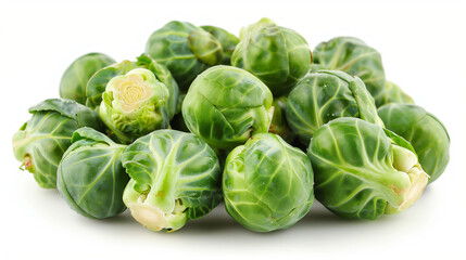 Fototapeta premium Brussel Sprouts isolated. Falling brussels sprouts isolated on white background. Fresh green brussel sprouts vegetable on white background. a pile of Brussels sprouts on a white background. Brussel.