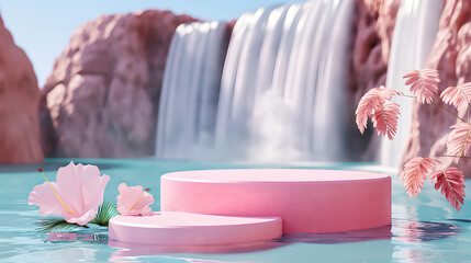 3D pink display platform set against a waterfall backdrop with nature. This scene features a podium on the waterfall, perfect for showcasing products. With a sunny sky, and a water backdrop