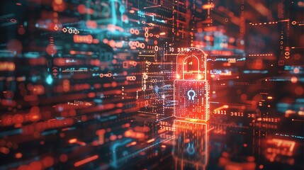 Fototapeta premium Visualize the power of encryption technology with a real photo showcasing a digital padlock set against a backdrop of scattered binary digits and circuitry, highlighting the intricate layers of securi