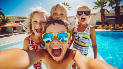 Joyous Siblings Taking a Selfie in a Swimming Pool, Capturing Summer Fun and Sibling Bonding