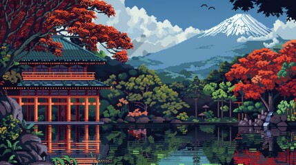 background view of Mount Fuji Temple and cherry blossoms with 1-bit pixel style, Ai Generated Images.