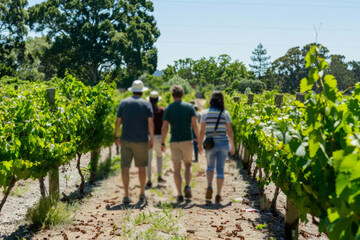 Vineyard Tour, With Visitors Strolling Through The Scenic Landscape, Learning About The Winemaking Process, And Sampling Wines Straight From The Source, Generative AI