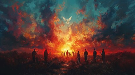 Fototapeta premium Pentecost - Digital Artwork Depicting the Descent of the Holy Spirit, with Believers Gathered Around a Bright Flame as Doves Soar in the Sky, Created with Generative AI Technology