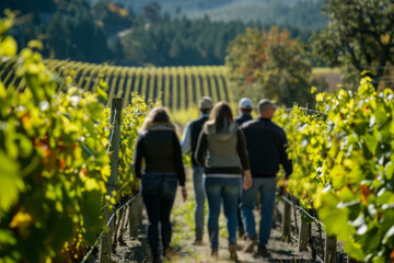 Vineyard Tour, With Visitors Strolling Through The Scenic Landscape, Learning About The Winemaking Process, And Sampling Wines Straight From The Source, Generative AI