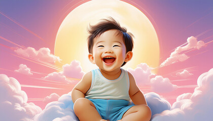 A little boy wearing a diaper sits on a cloud laughing with the sun on a pink background. 3D Rendering