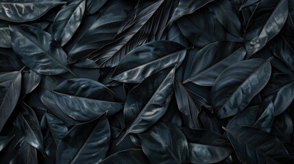 Top view of textures of abstract black leaves. Tropical leaf background. Flat lay, dark nature...