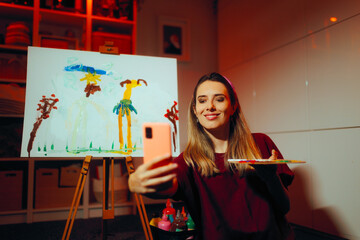 Woman Taking a Selfie with Her Childish Painting. Bragging amateur artist being too self-confident 
