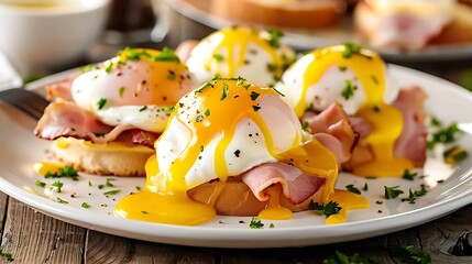 Classic eggs Benedict served on a white plate, featuring perfectly poached eggs, Canadian bacon, and hollandaise sauce for a decadent brunch.