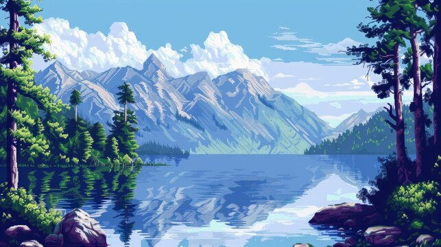 beautiful lake and mountain scenery background with 1-bit pixel style, Ai Generated Images.
