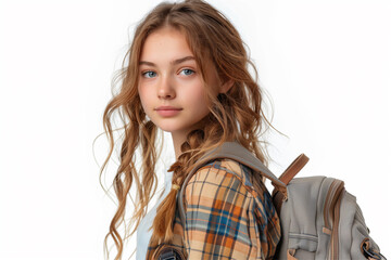 School teenager child girl 13, 14, 15 years old with school bag book and copybook isolated on white background