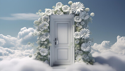 3D rendering of a white door decorated with white and gray flowers in clouds in the air