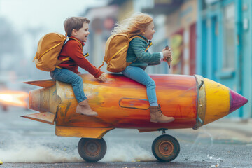 Schoolgirl and schoolboy riding a colorful pencil rocket on blue background