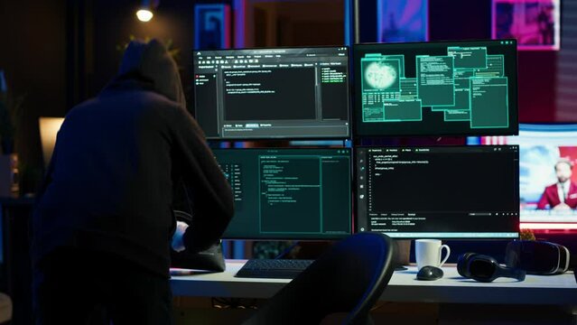 Hacker arriving in hidden underground shelter, prepared to launch DDoS attack on websites. Cybercriminal in apartment starting work on script that can crash businesses servers, camera A