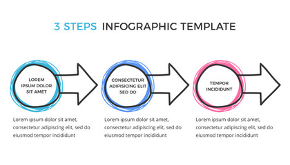 Hand drawn infographic template with three elements for your text circles and arrows, vector eps10 illustration