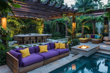 A modern outdoor living area with an unlit pool and purple and yellow couches under the shade of a wooden arbor in front of a dining table surrounded by chairs.