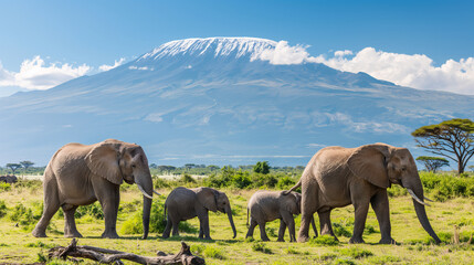Fototapeta premium Elephant Herd Grazing Before Mount Kilimanjaro