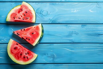 Slices of watermelon on blue wooden desk