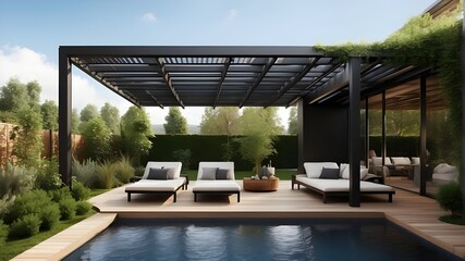 Fototapeta premium On an outside patio, a contemporary black bioclimatic pergola with a top perspective. Lounge chairs, a pool, and teak wood floors. verdant lawns and trees, generative artificial intelligence